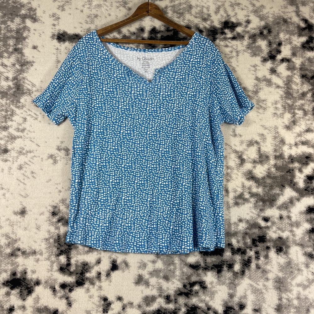 Chicos Top Womens Size Extra Large (3) Blue‎ White Spotted V-Neck Cotton Casual